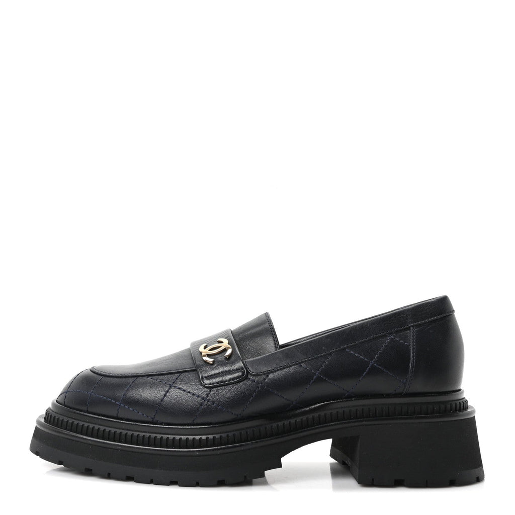 Calfskin Quilted CC Mocassin Loafers 40 Navy Blue