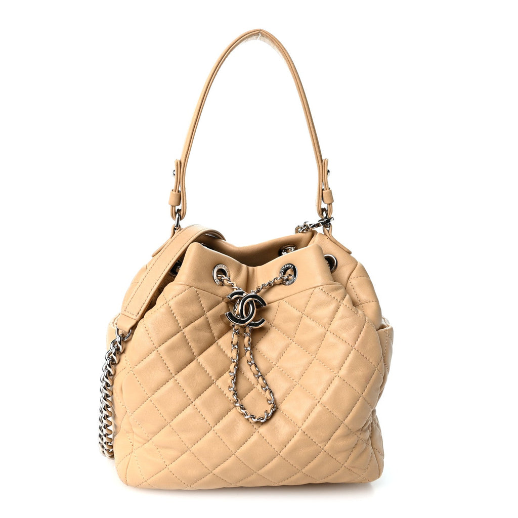 Lambskin Quilted Small CC Chain Bucket Drawstring Bag Light Beige