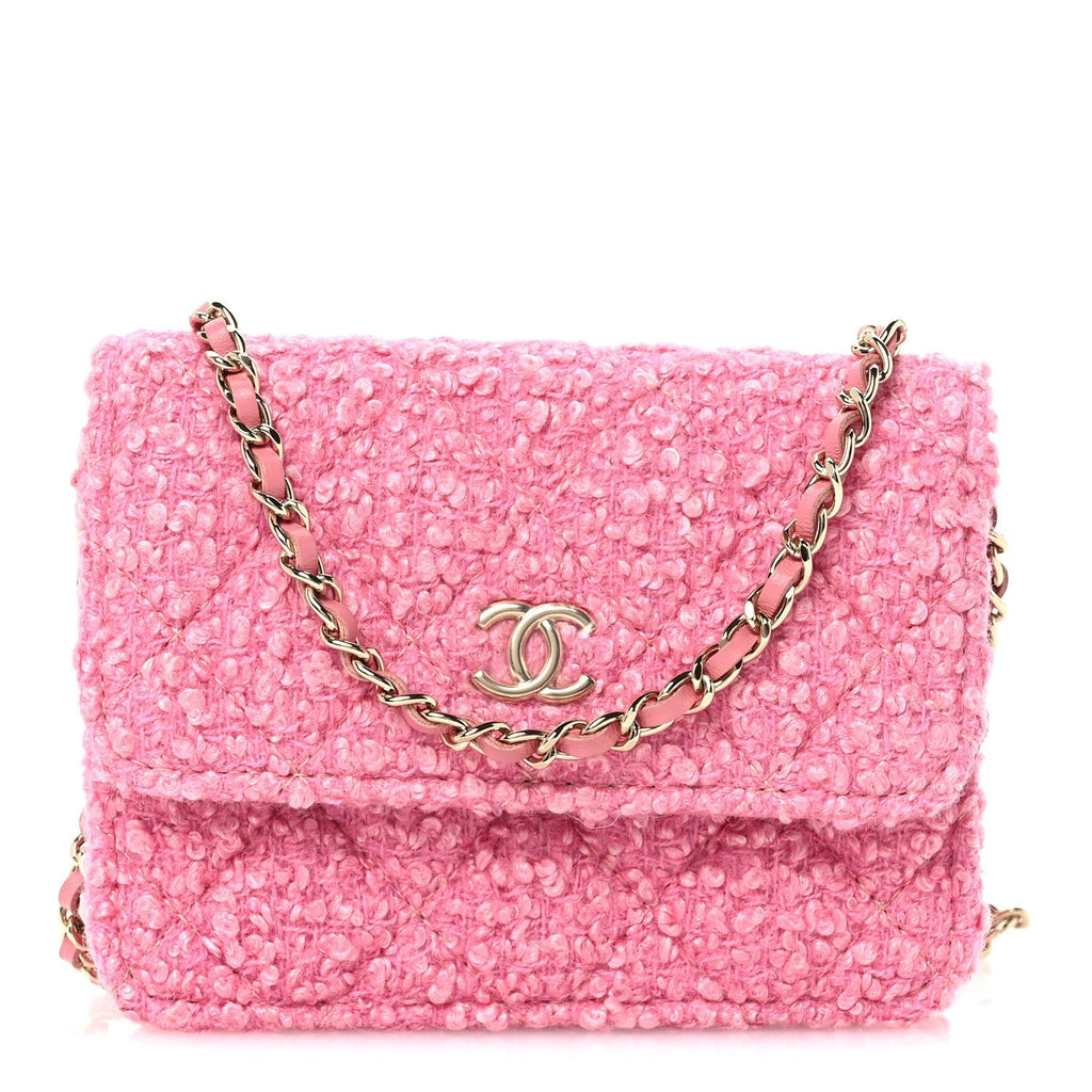 Tweed Quilted Flap Chain Waist Bag Pink