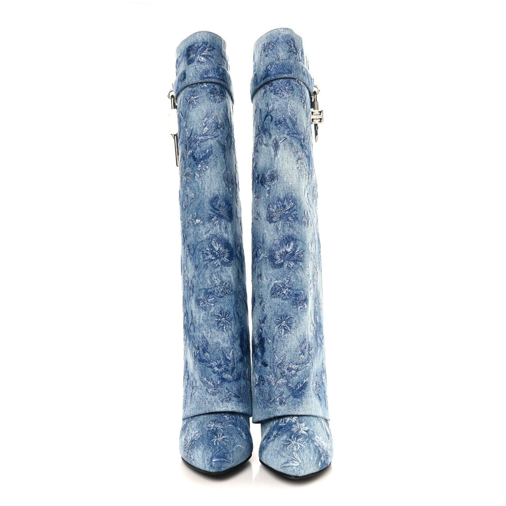 Washed Denim Floral Embroidered Shark Lock Pant Boots 40 Medium Blue