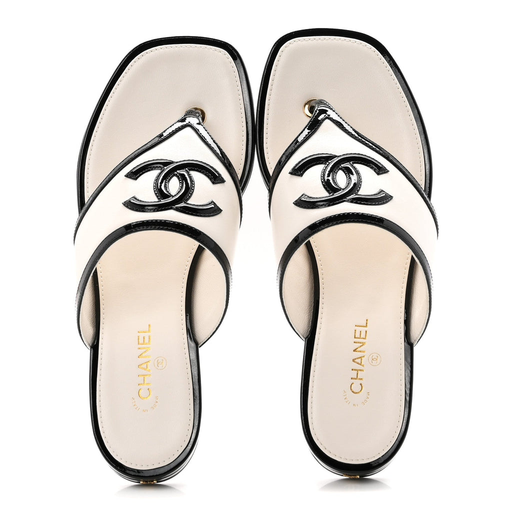 Lambskin Patent Calfskin CC Thong Sandals 36.5 White Black