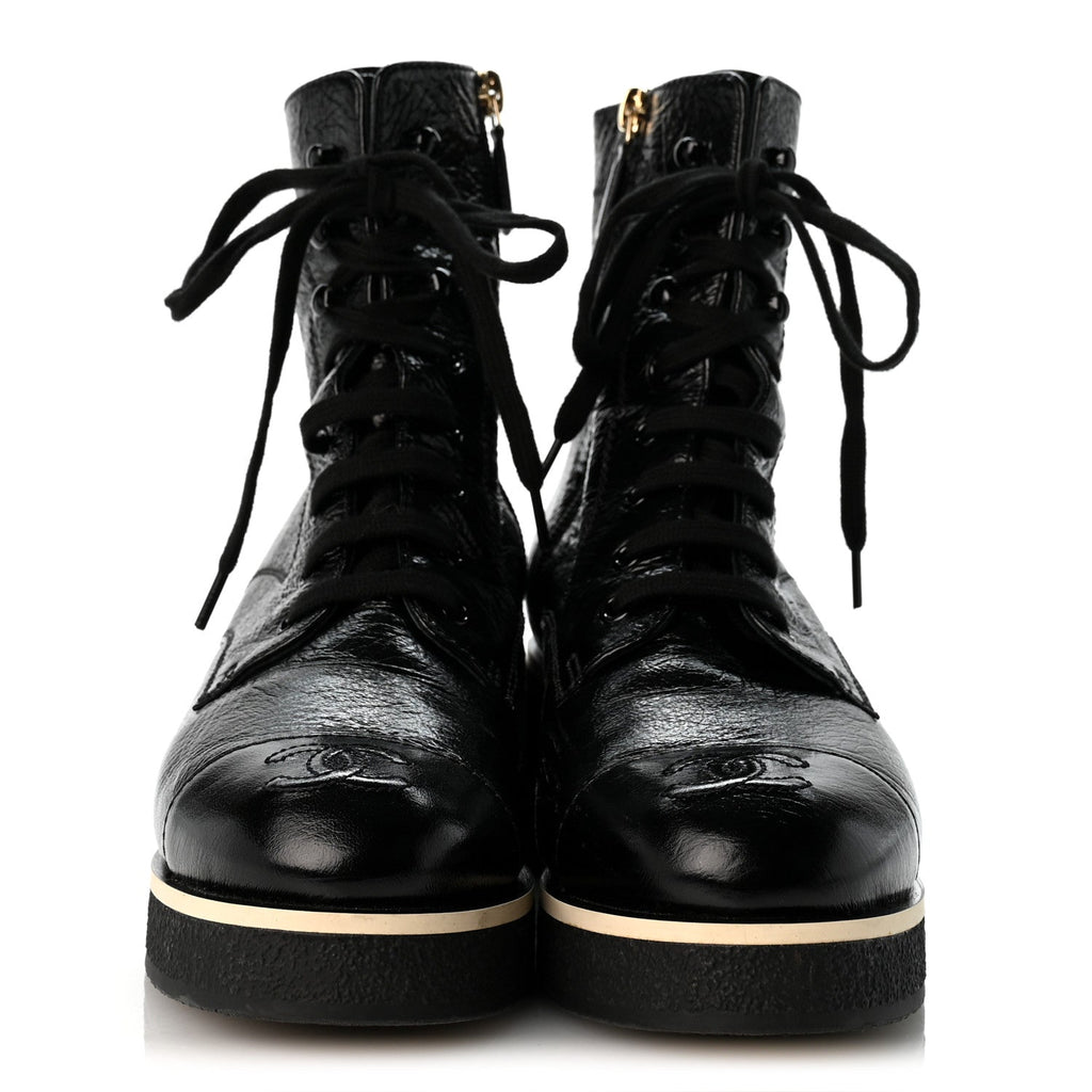 Shiny Crumpled Lambskin Lace Up Combat Boots 38 Black