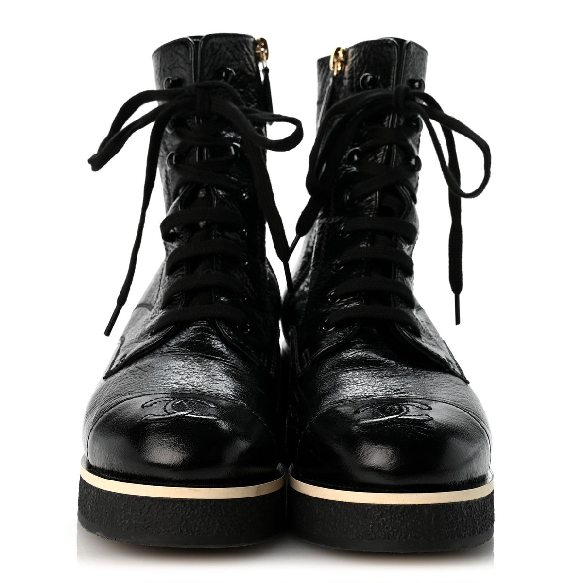 Shiny Crumpled Lambskin Lace Up Combat Boots 38 Black