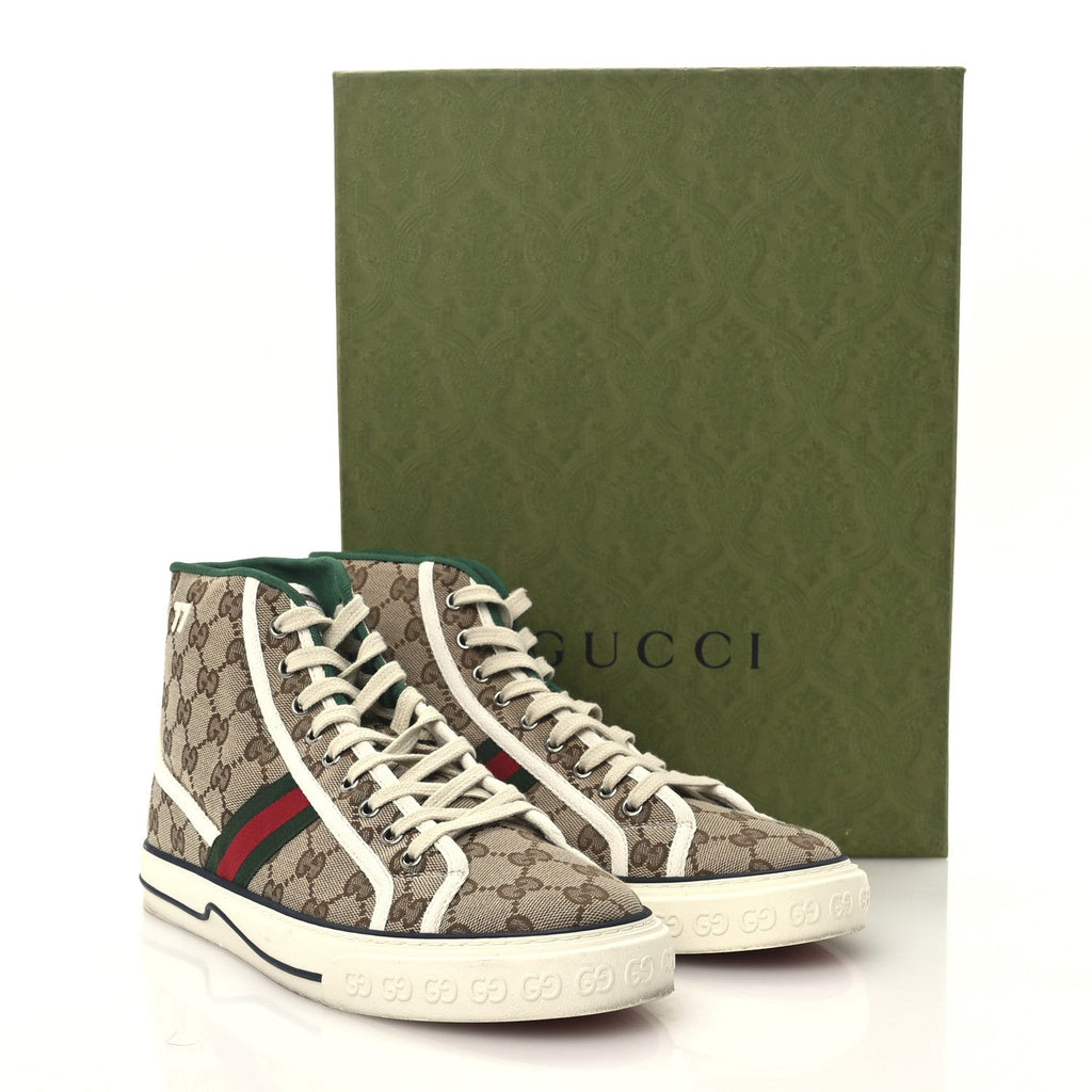 GG Monogram Web Mens 1977 Tennis High Top Sneakers 9 Beige Ebony Mystic White