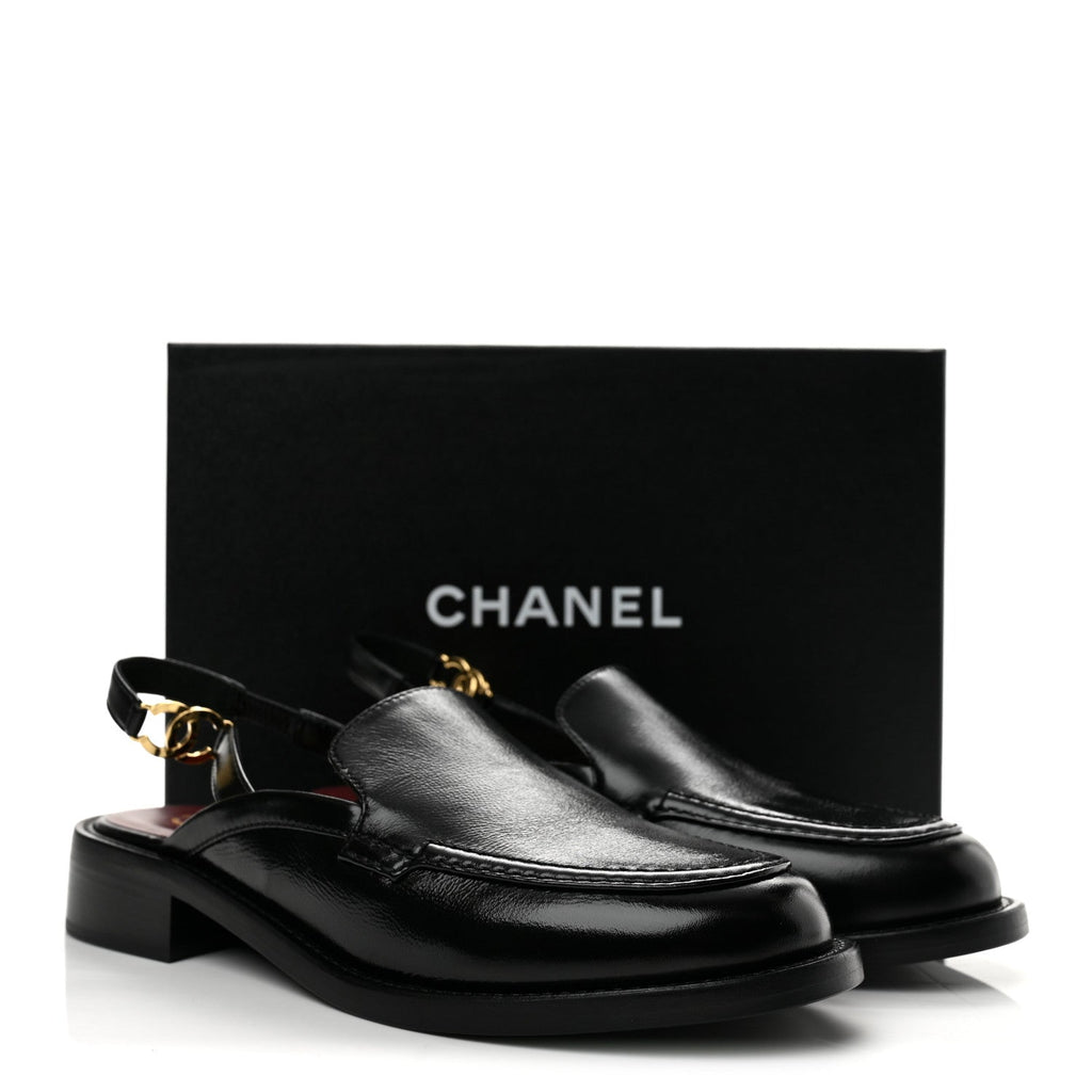 Glazed Calfskin CC Slingback Flats 39 Black