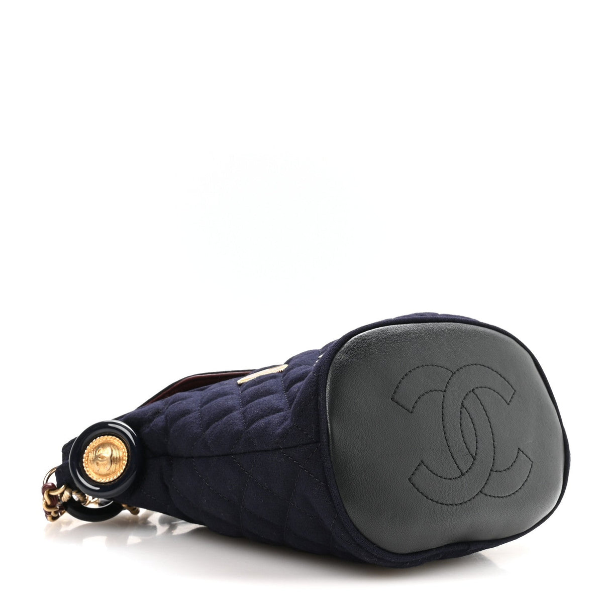 Wool Lambskin Quilted Paris Hamburg Charms Bucket Bag Dark Navy