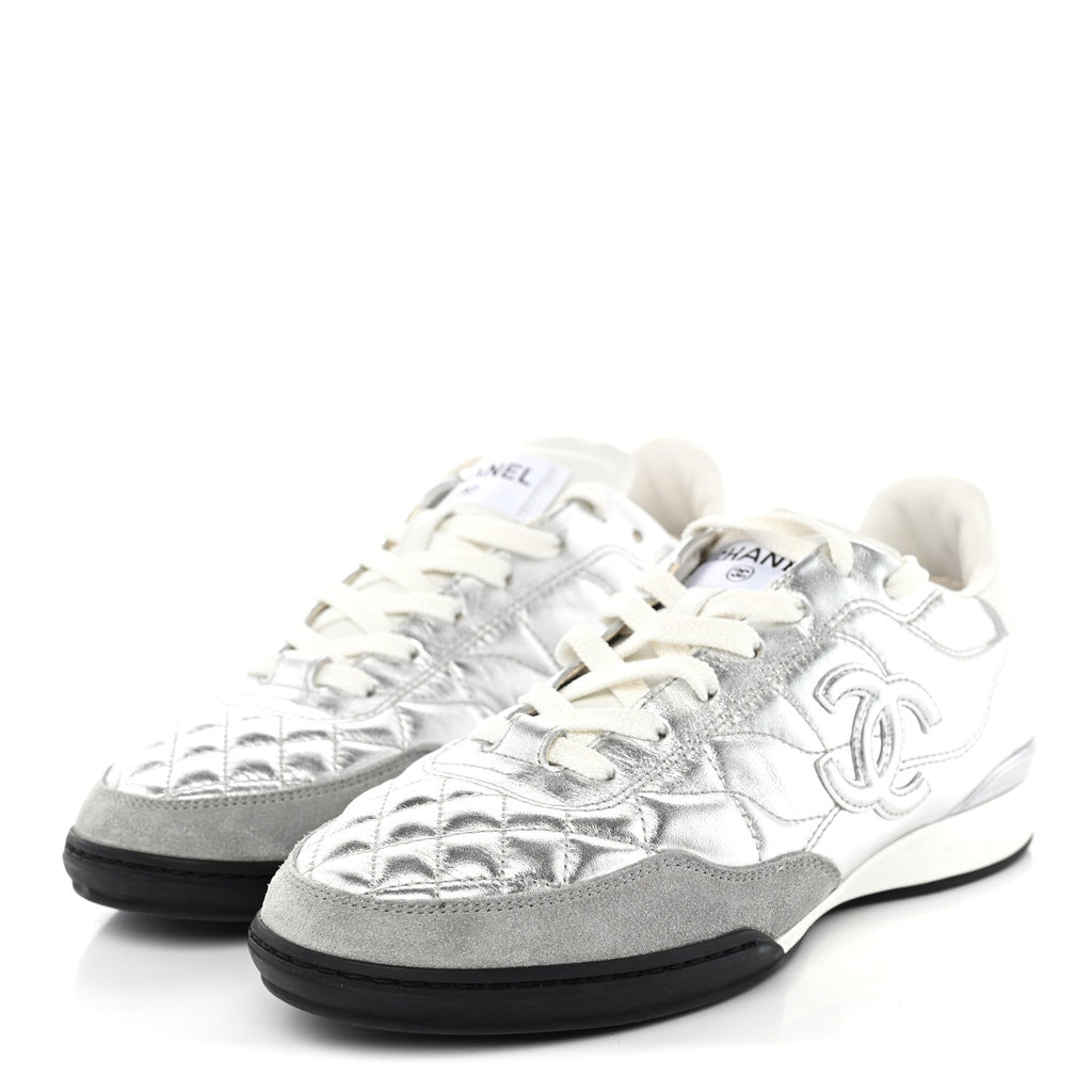 Laminated Calfskin Suede Quilted Womens CC Sneakers 37.5 Silver White Gray