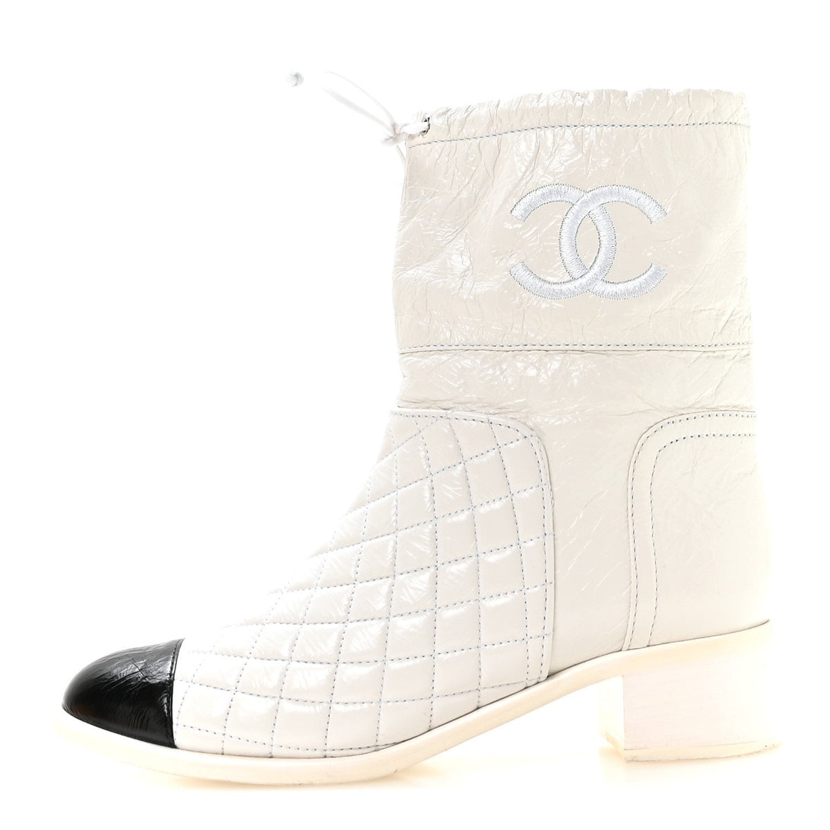 Distressed Patent Quilted Cap Toe Short Boots 38.5 White Black