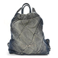 Denim Quilted Chanel 22 Backpack Blue