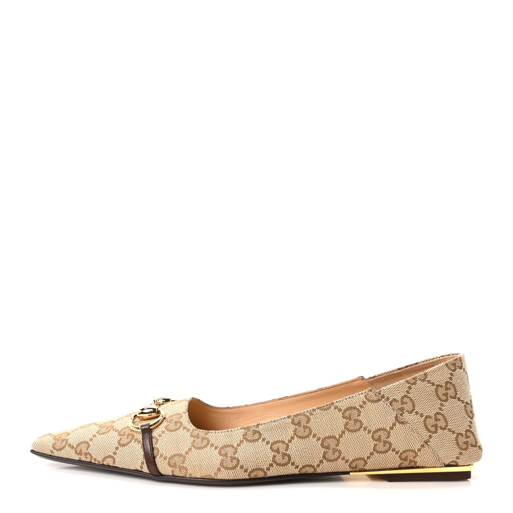 GG Monogram Horsebit Bow Ballet Flats 38 Beige Ebony Sundial