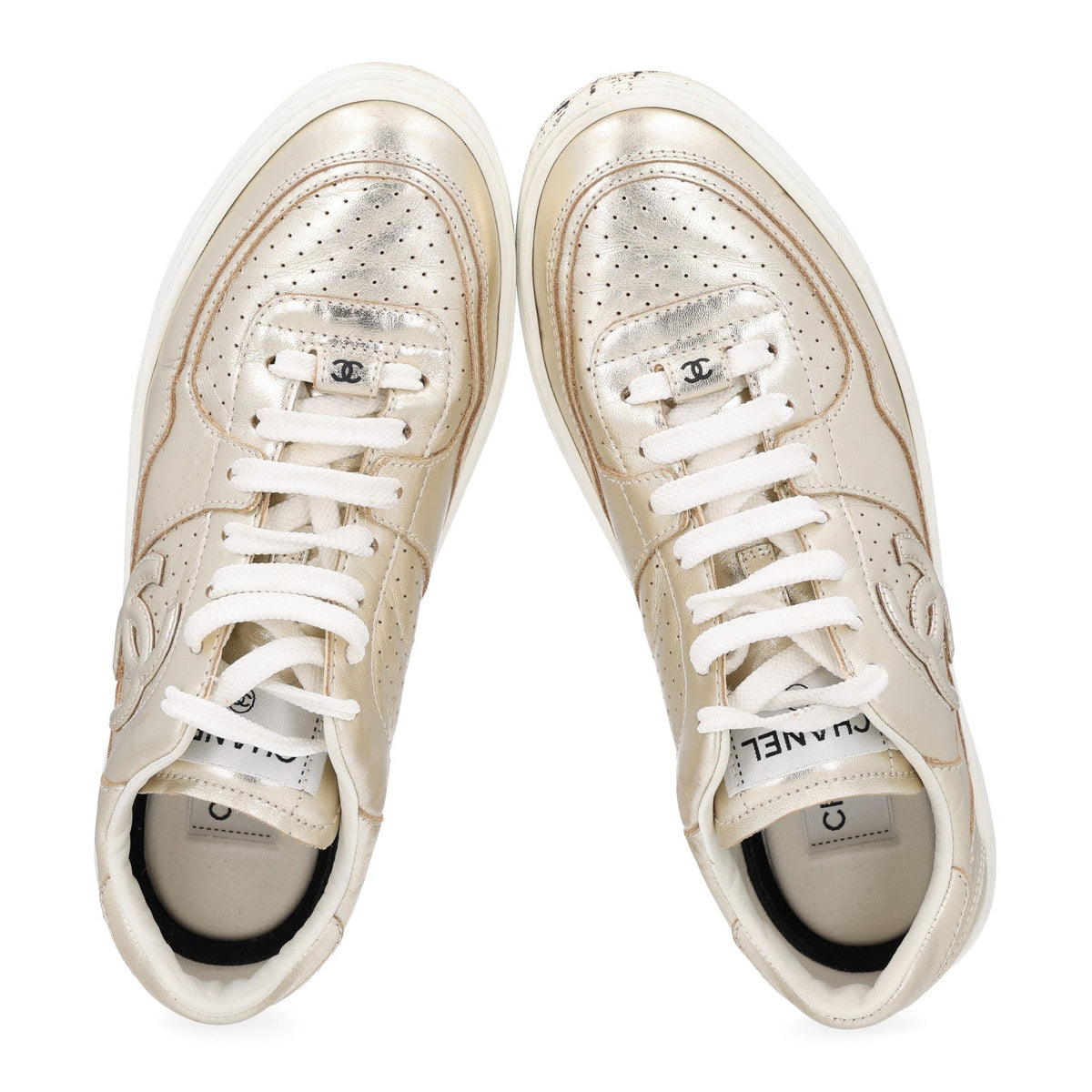 Laminated Calfskin CC Womens Sneakers 38.5 Golden