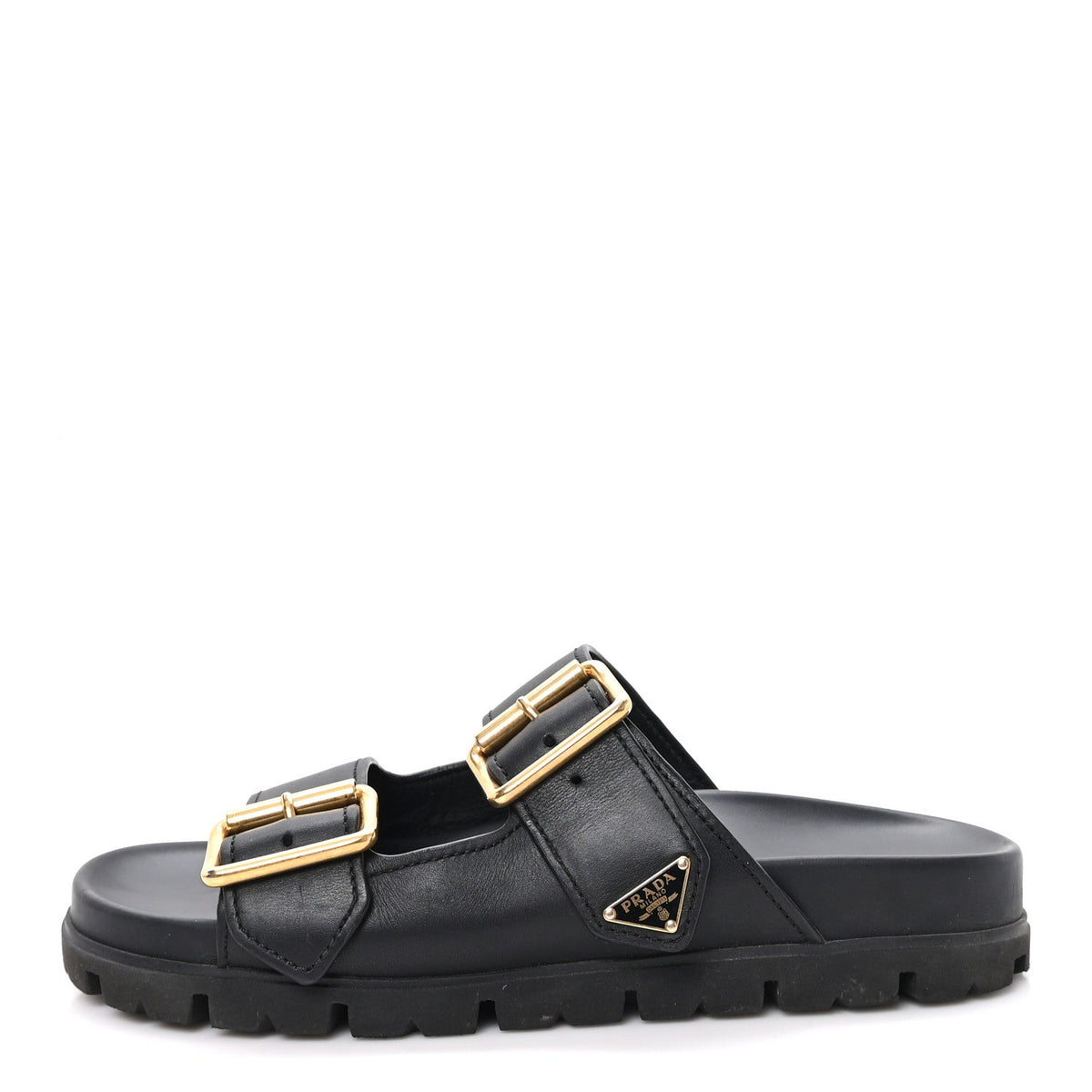 Vitello Sport Metal Triangle Logo Womens Double Buckle 20mm Slide Sandals 38.5 Black