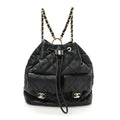 Calfskin Quilted Double Pocket Drawstring Backpack Black