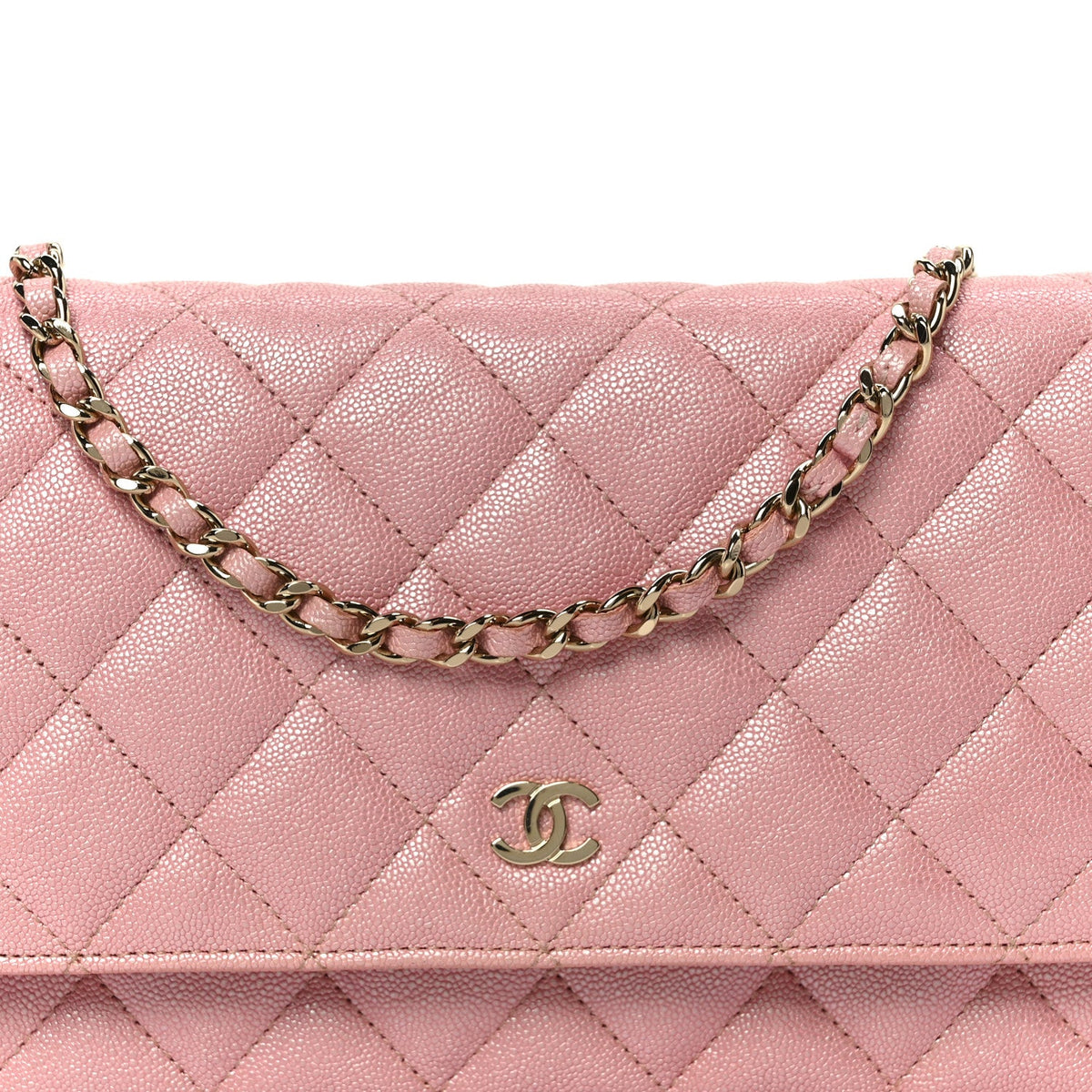 Iridescent Caviar Quilted Wallet on Chain WOC Rose Pink