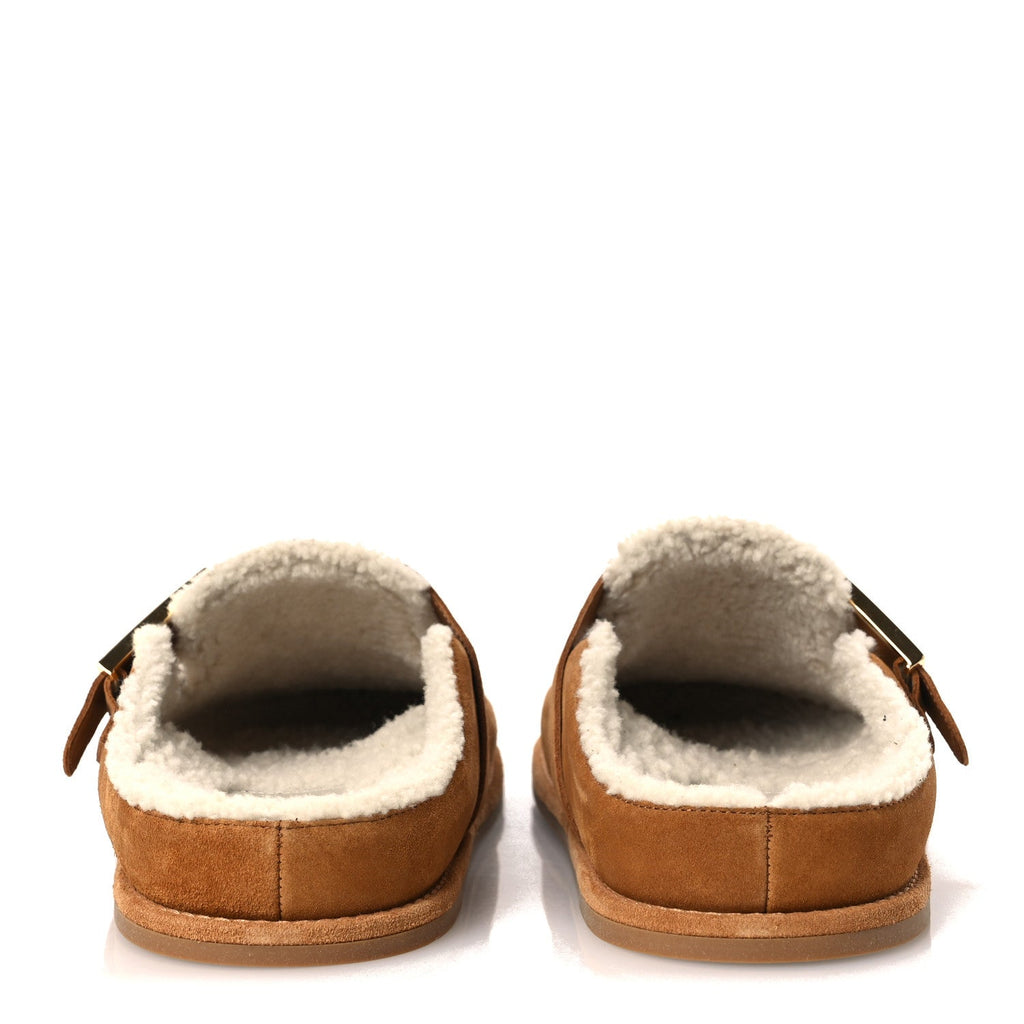 Suede Shearling Fendi Feel Buckled Clogs 41 Caramel Latte