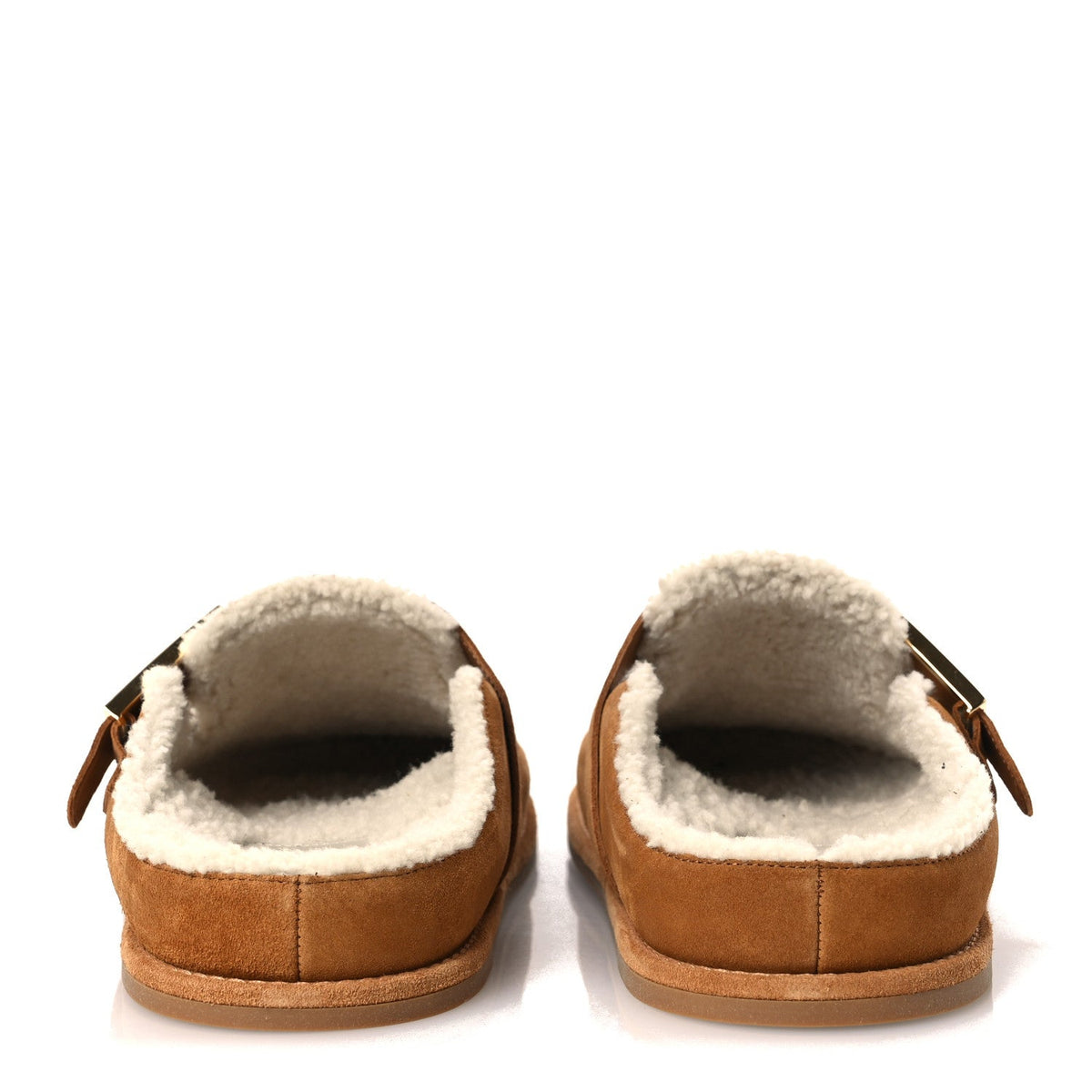 Suede Shearling Fendi Feel Buckled Clogs 41 Caramel Latte