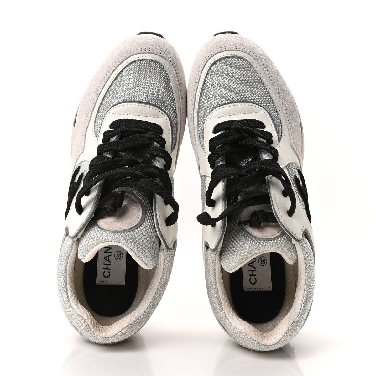 Mesh Suede Calfskin Grained Calfskin Womens CC Sneakers 37 White Silver Light Grey