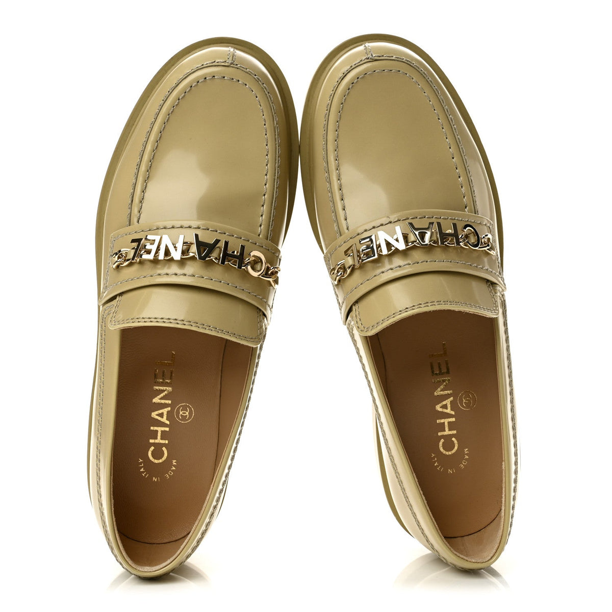 Shiny Calfskin Logo Loafers 37.5 Beige