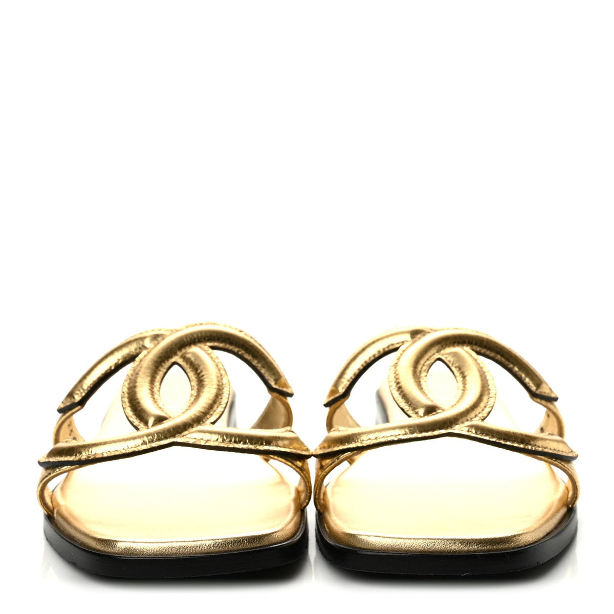 Crackled Laminated Calfskin CC Cut Out Mules Sandals 35.5 Gold