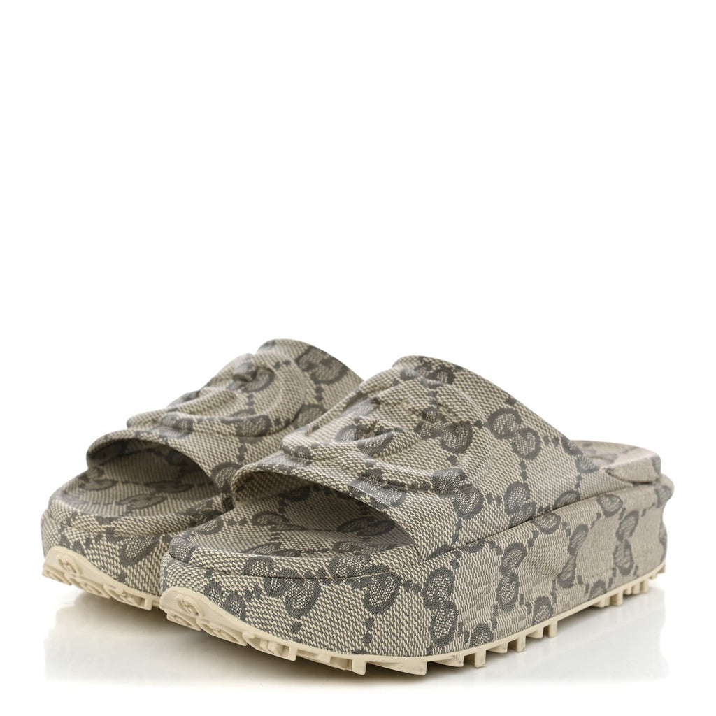 Cubic Rubber GG Monogram Womens Interlocking G Platform 42mm Slide Sandals 36 Beige Ebony