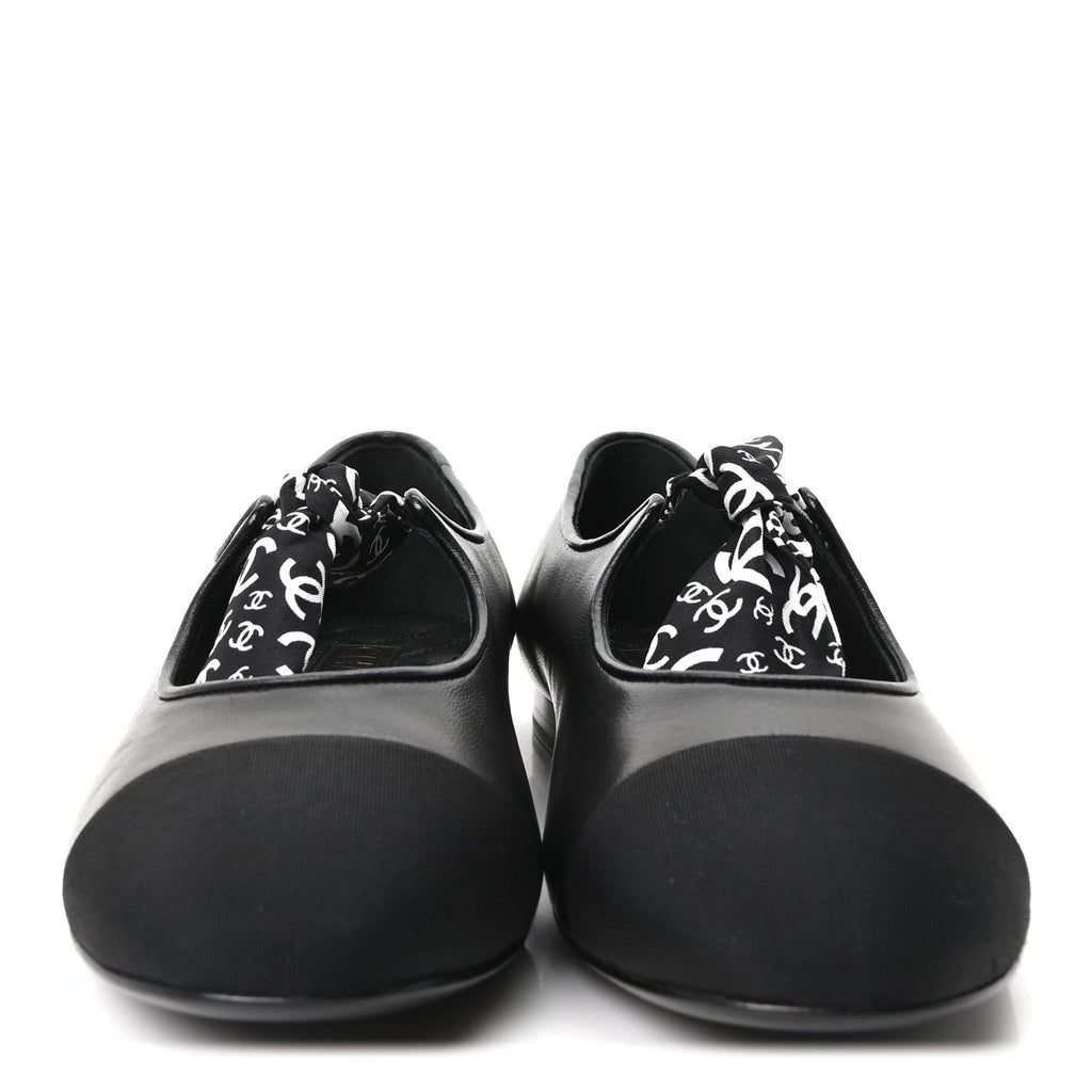 Lambskin Grosgrain Silk CC Mary Jane Flats 40 Black White