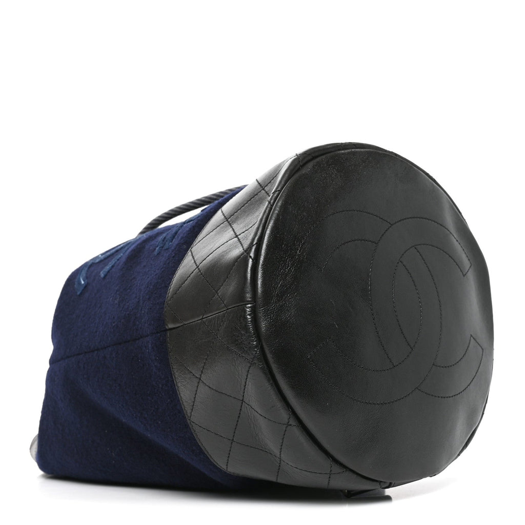 Wool Calfskin Embroidered Paris Hamburg Drawstring Backpack Navy Blue