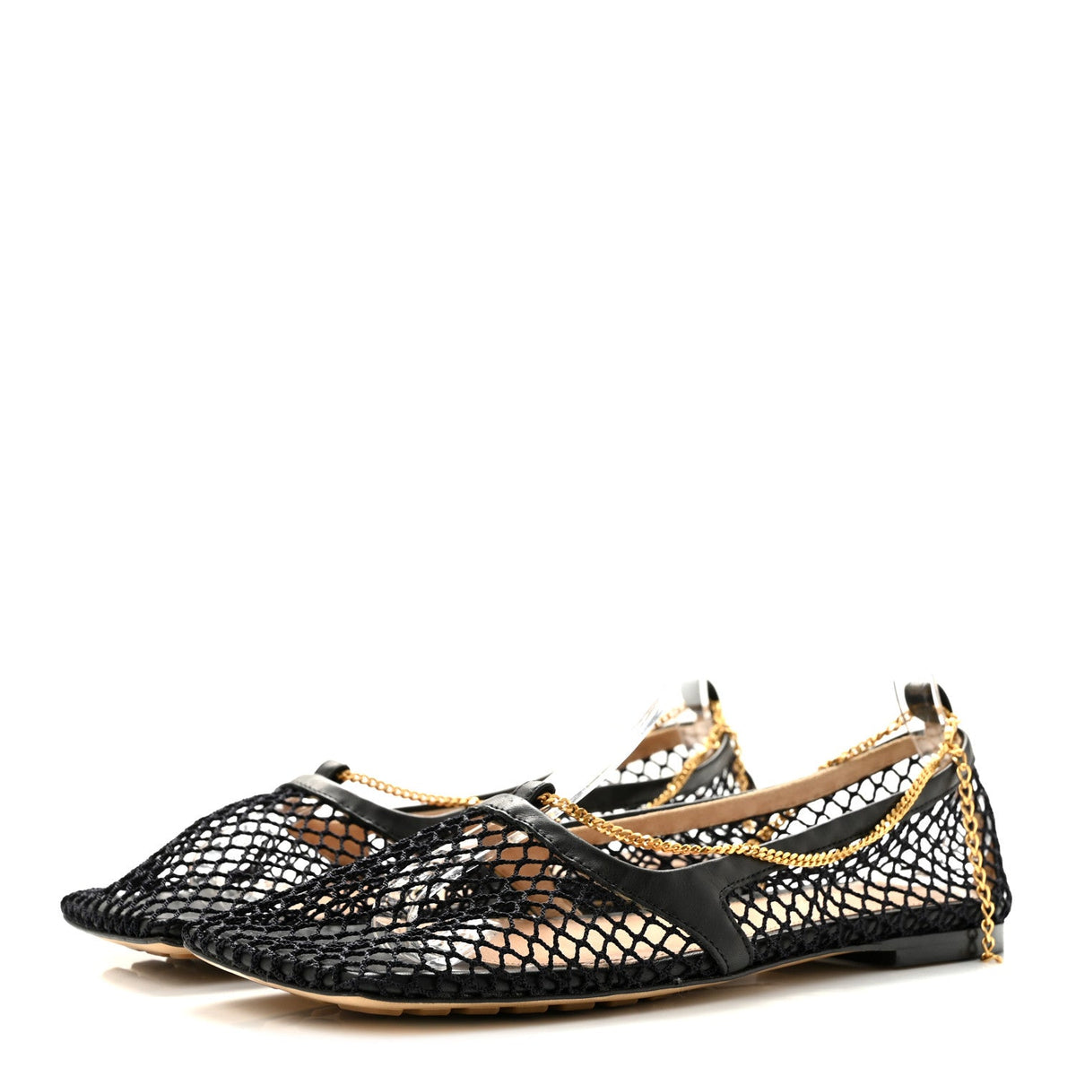 Mesh Nappa Chunky Chain Stretch Ballerina Flats 36 Black