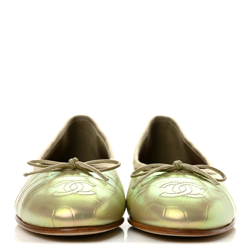 Iridescent Calfskin Crocodile Embossed Ballerina Flats 35 Yellow