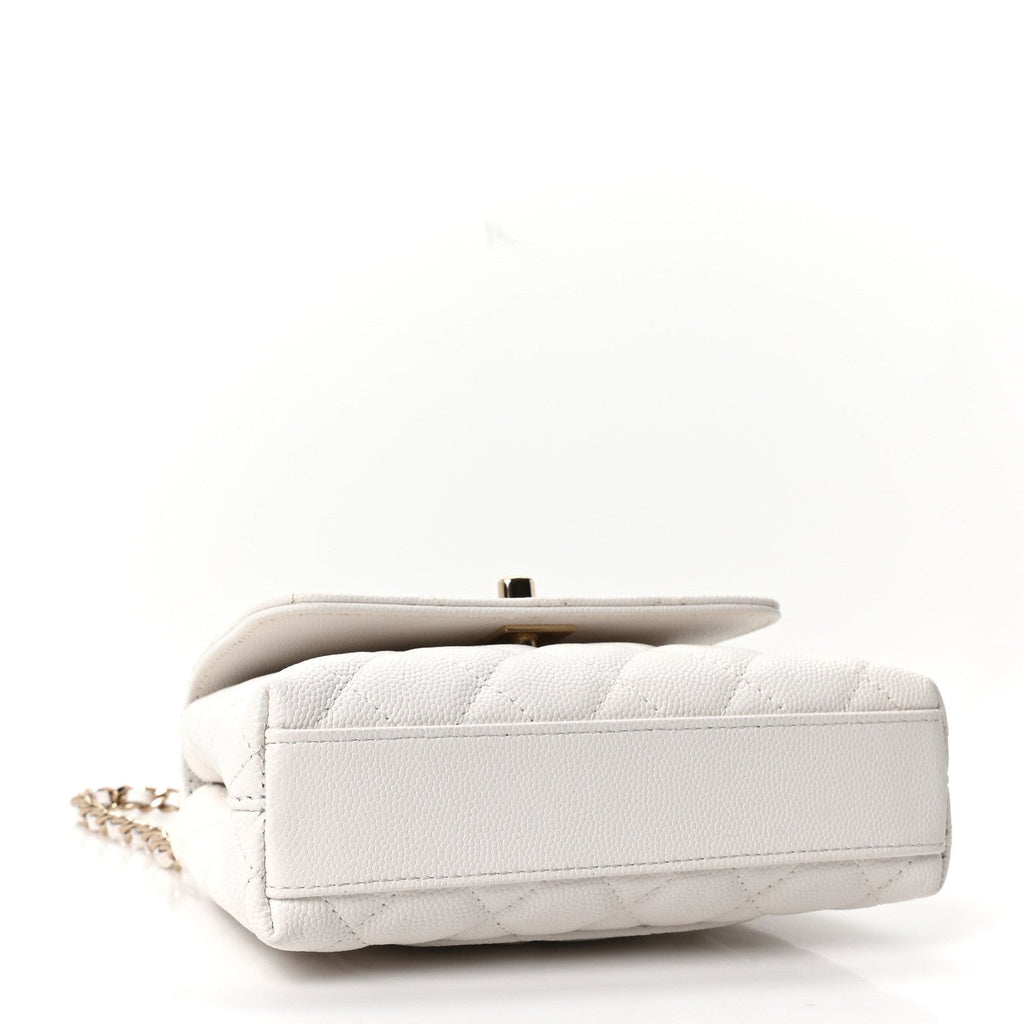 Caviar Quilted Coco Handle Clutch With Chain White
