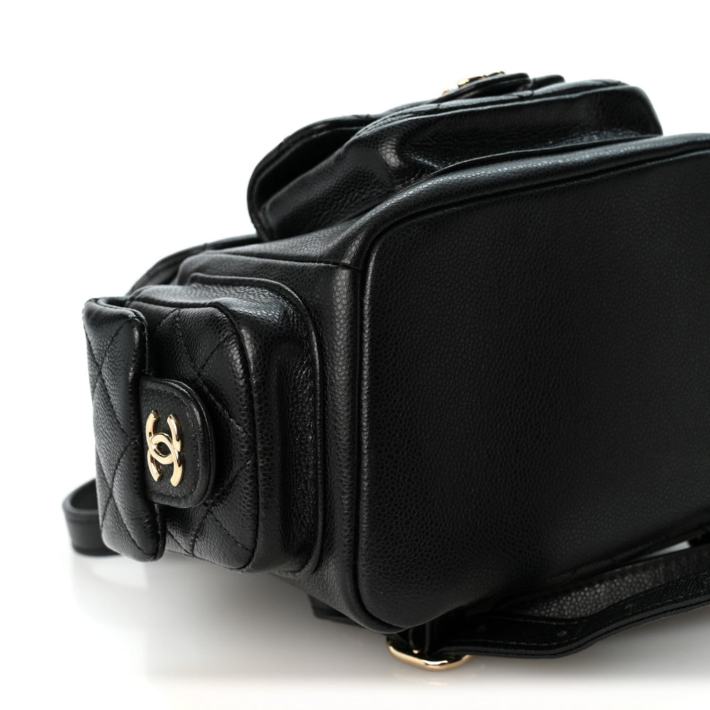 Shiny Caviar Quilted Small Pockets Drawstring Backpack Black