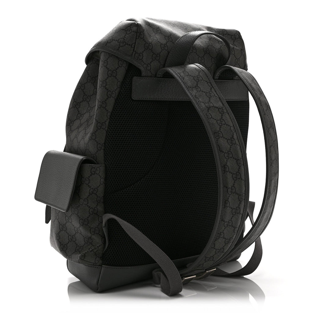 GG Supreme Monogram Textured Dollar Calfskin Medium Ophidia Double Buckle Backpack Grey Black Graphite Grey