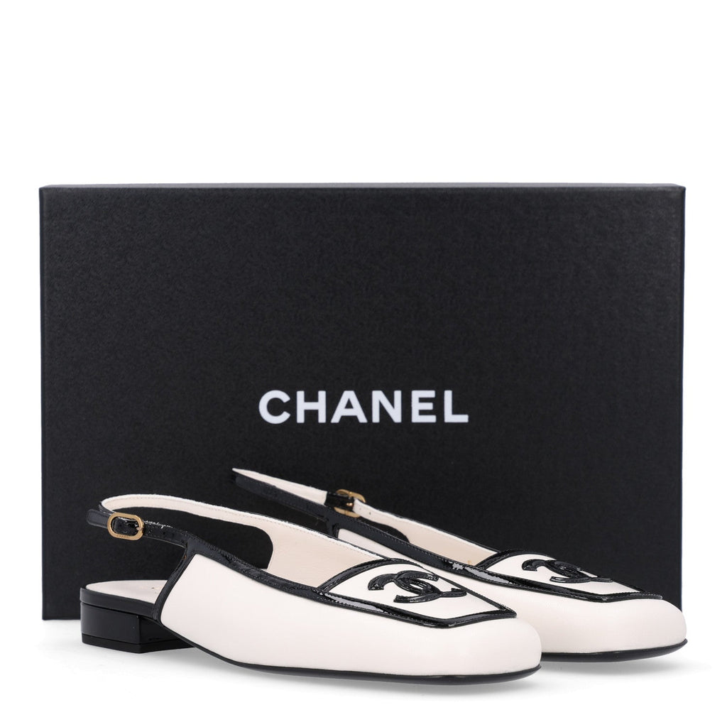 Lambskin Patent Calfskin CC Slingback Sandals 38 White Black