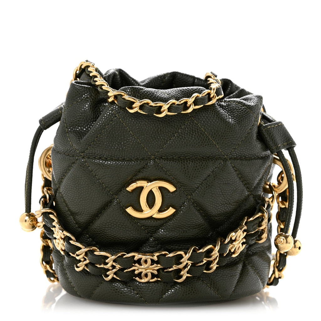 Caviar Quilted Coco First Bucket Clutch With Chain Khaki
