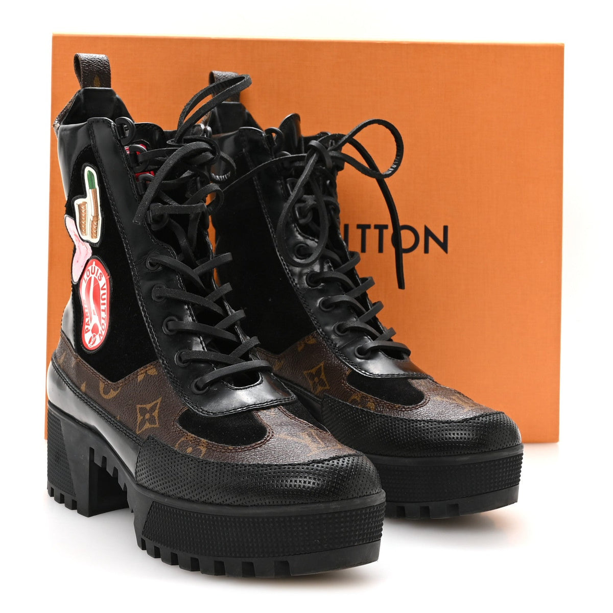 Suede Calfskin Monogram LV Black Heart Laureate Platform Desert Boots 37.5 Black