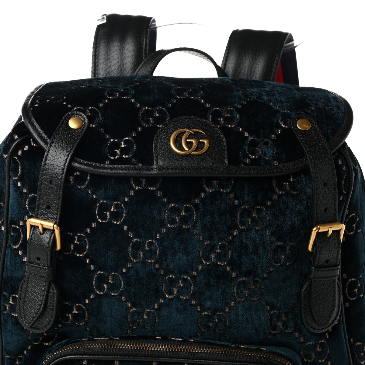 Velvet GG Monogram Textured Calfskin Web Small Double Buckle Backpack Blue Beige Black