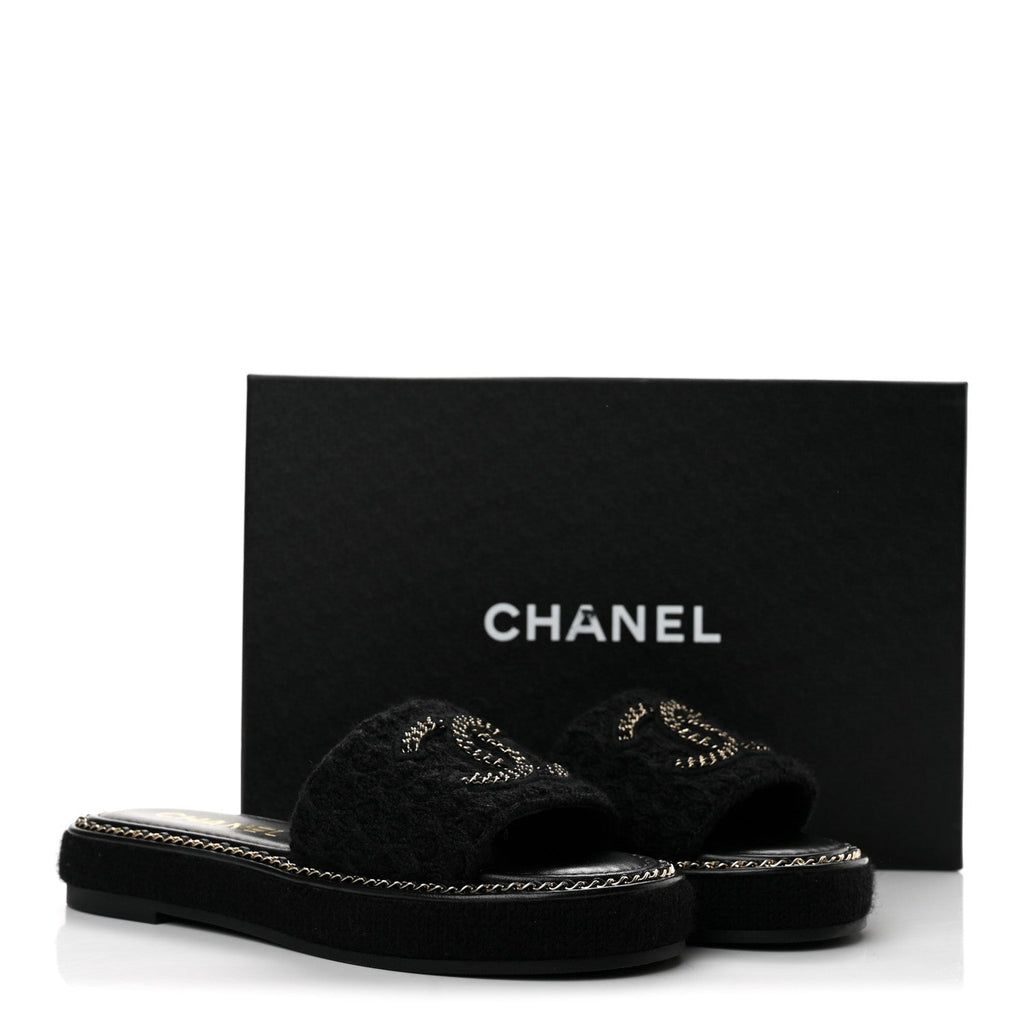 Wool Alpaca Chain CC Slide Sandals 36 Black