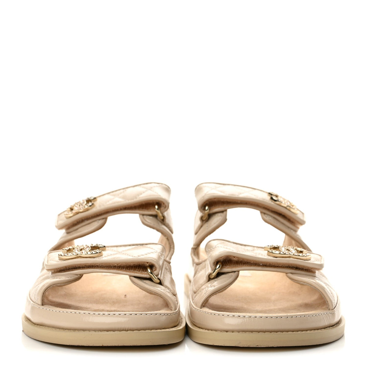 Shiny Calfskin Crystal Quilted Velcro Dad CC Slide Sandals 38.5 Beige
