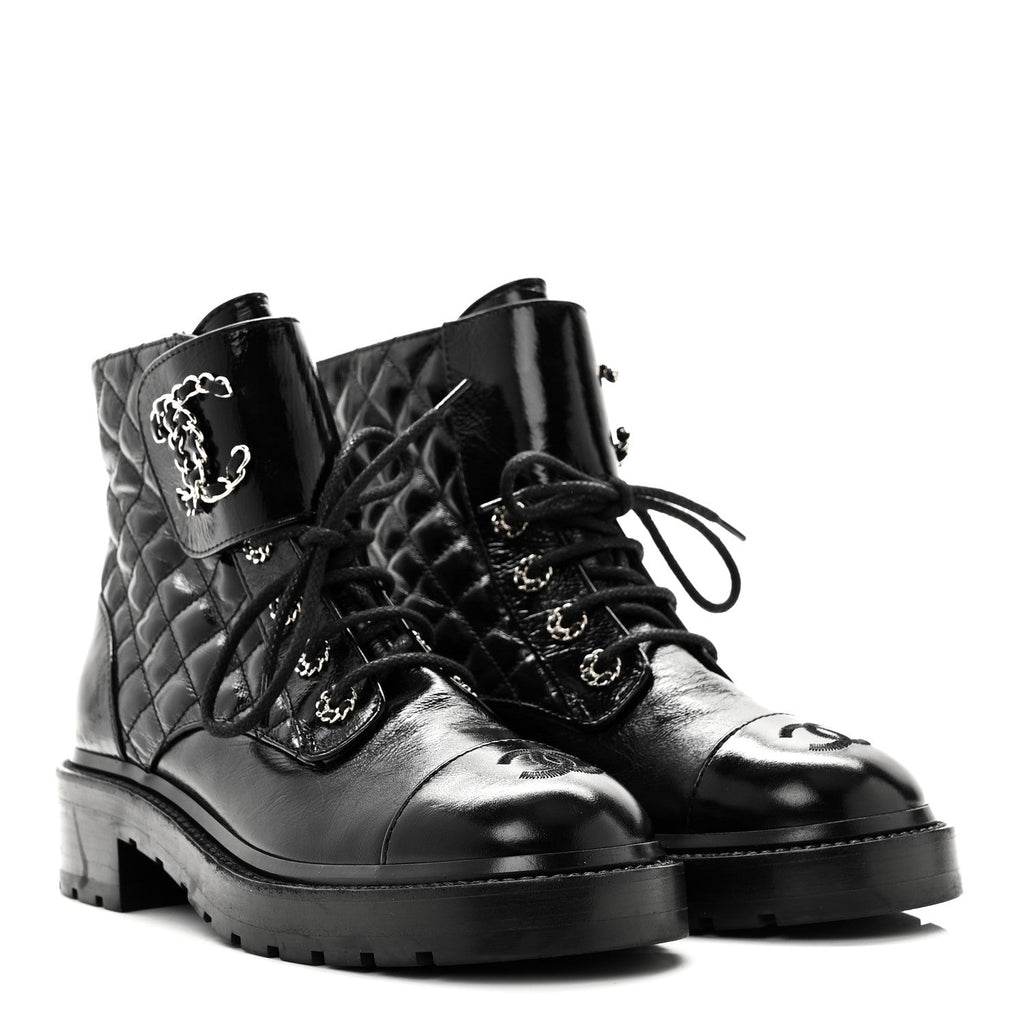 Shiny Lambskin Quilted Lace Up Combat Boots 38.5 Black