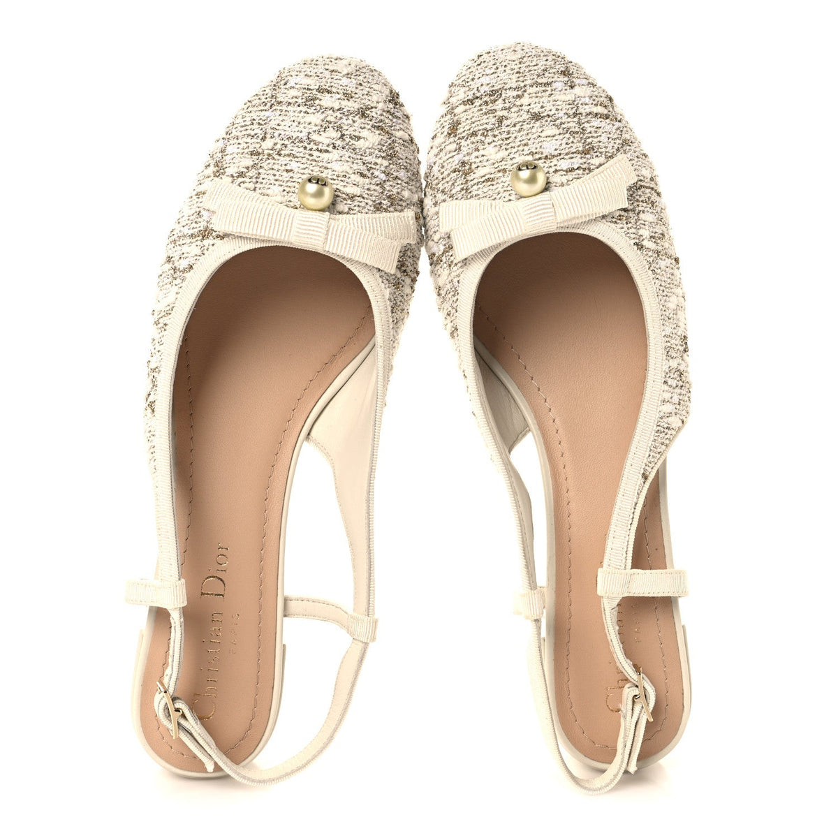 Tweed Cannage Slingback Ballet Pumps 39 White Gold