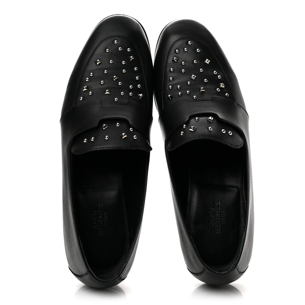 Calfskin Studded Womens Ancora Moccasin Loafers 38.5 Black