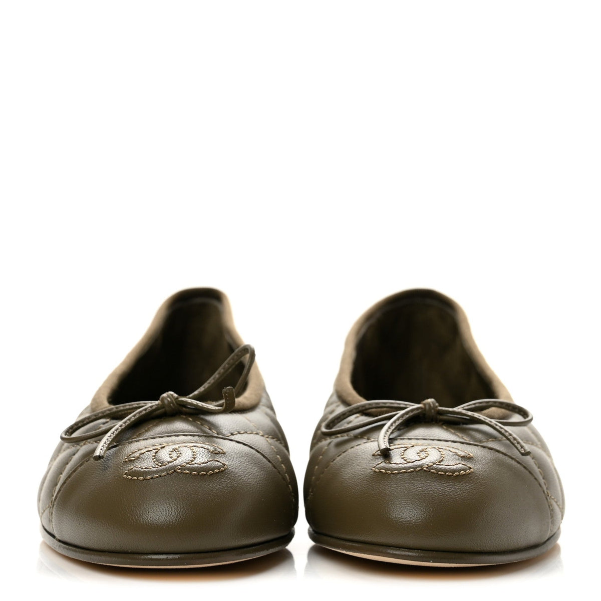 Lambskin Quilted CC Cap Toe Ballerina Flats 35.5 Dark Khaki