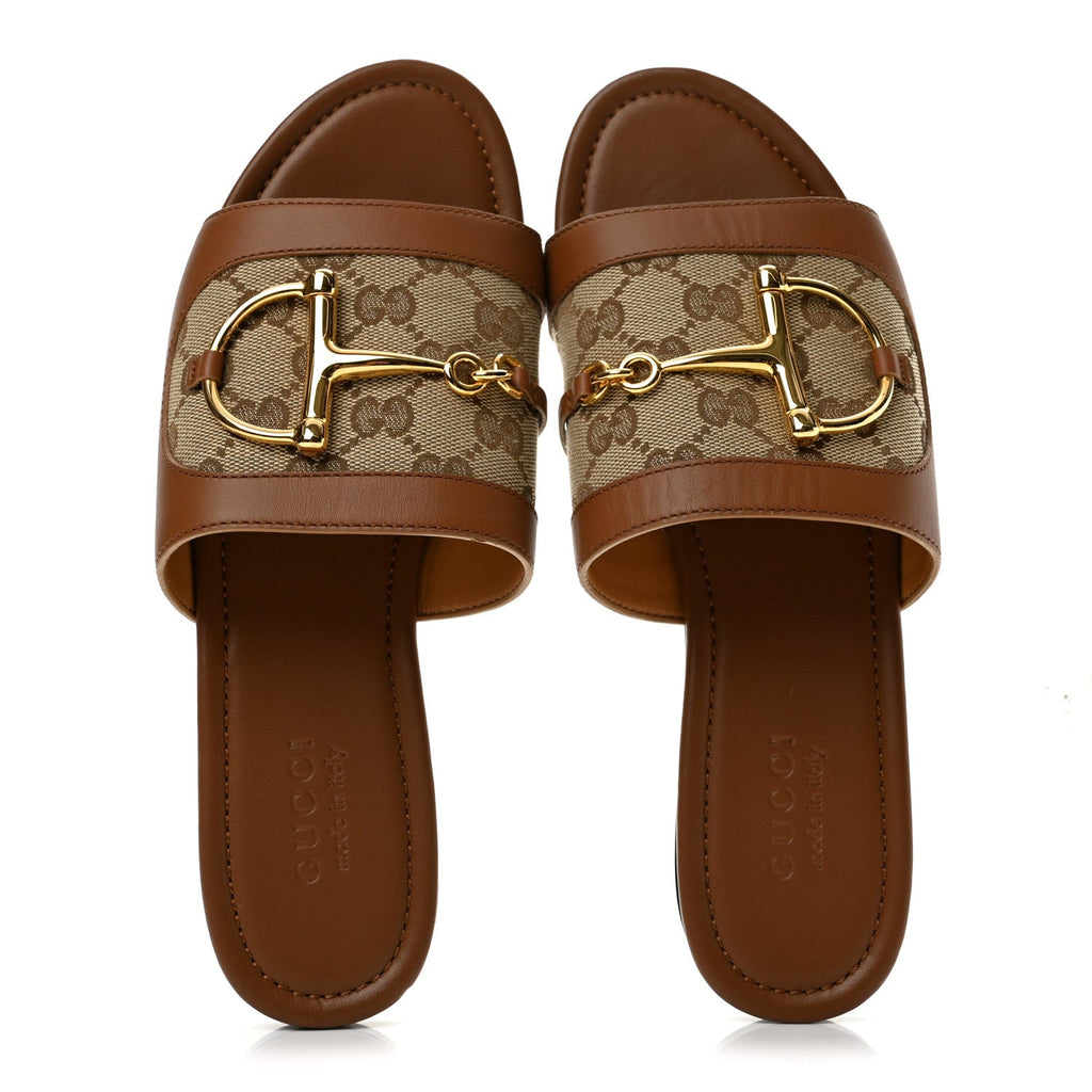 Calfskin Monogram Horsebit Womens Slide Sandals 38.5 Beige Ebony Sundial