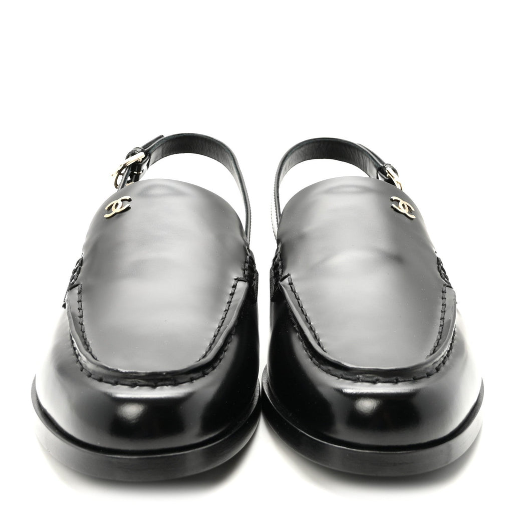 Shiny Calfskin Slingback Loafers 40.5 Black