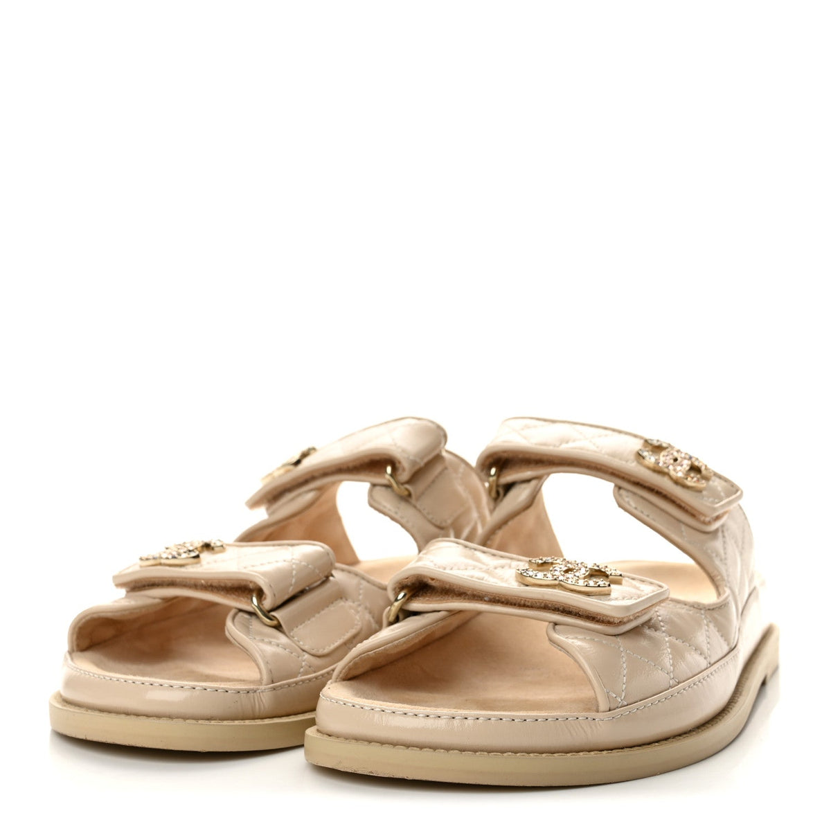 Shiny Calfskin Crystal Quilted Velcro Dad CC Slide Sandals 38.5 Beige