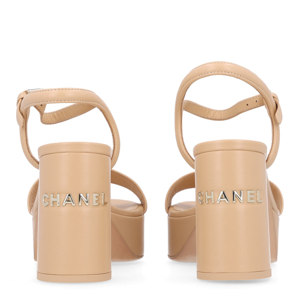 Lambskin Logo Platform Sandals 38 Beige