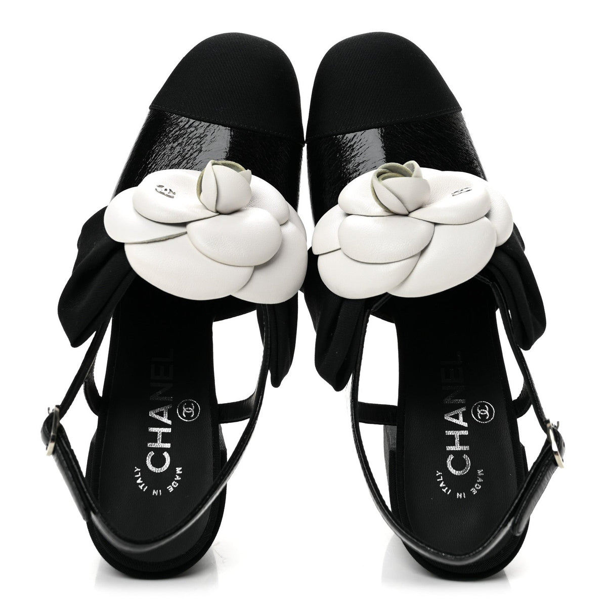 Crumpled Shiny Fabric Grosgrain Cap Toe Camellia Bow Slingback Pumps 37.5 Black