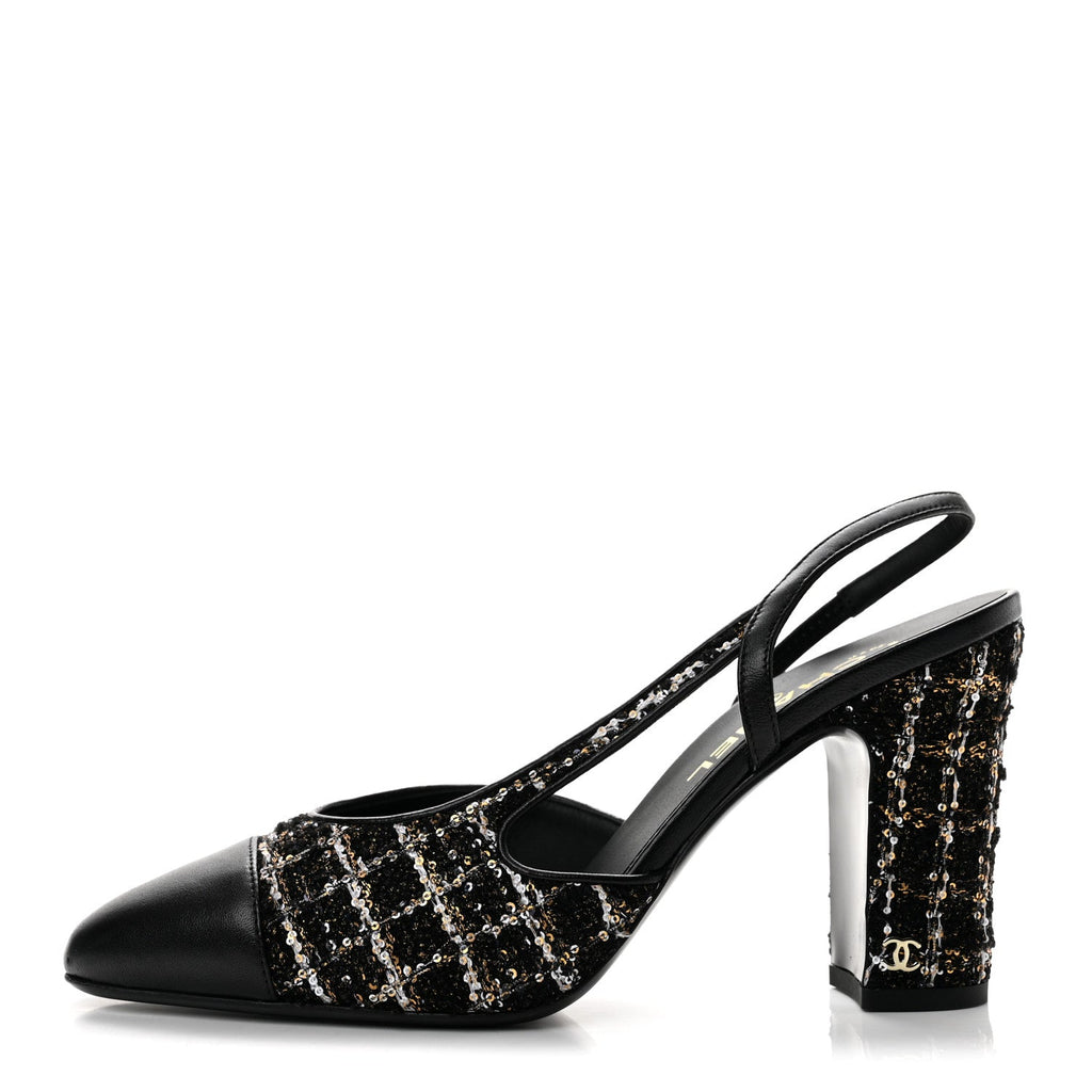 Glittered Wool Tweed Lambskin Cap Toe CC Slingback Pumps 40 Black White Gold
