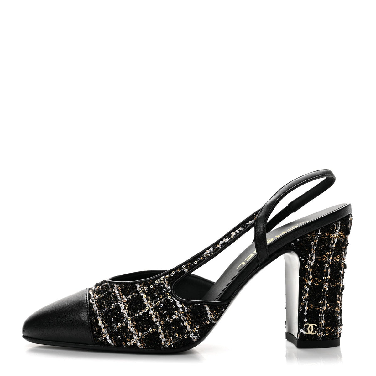 Glittered Wool Tweed Lambskin Cap Toe CC Slingback Pumps 40 Black White Gold