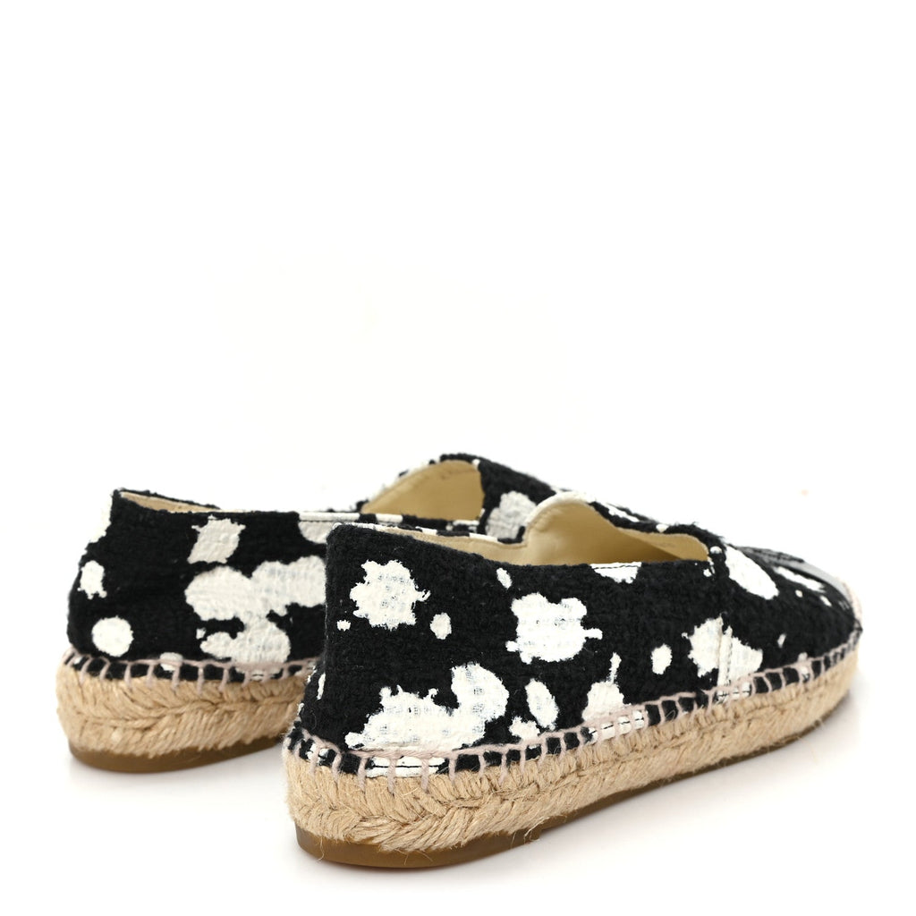 Patent Tweed Splatter Paint Print Cap Toe CC Espadrilles 36 Black White