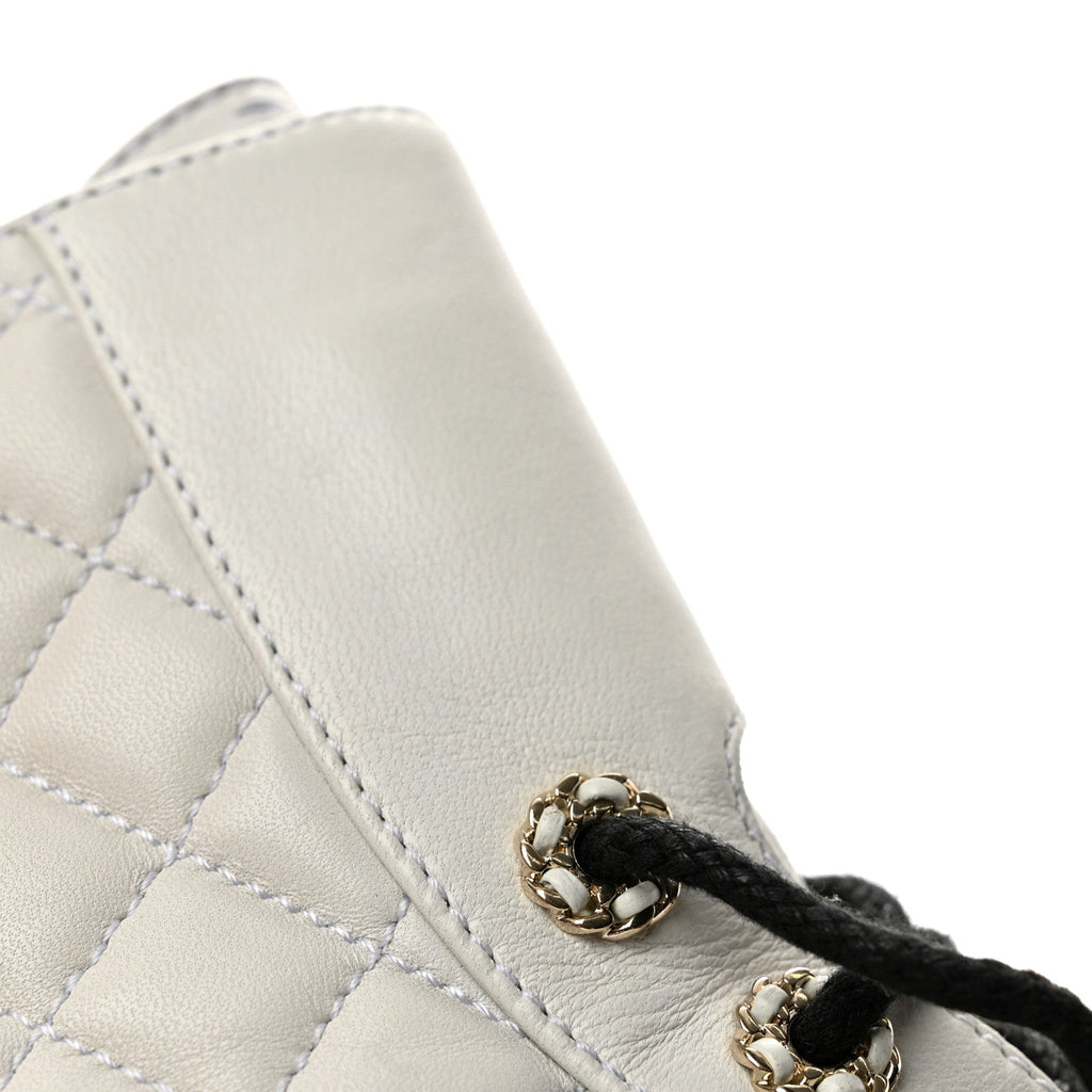 Shiny Lambskin Quilted Lace Up Combat Boots 38 White Black